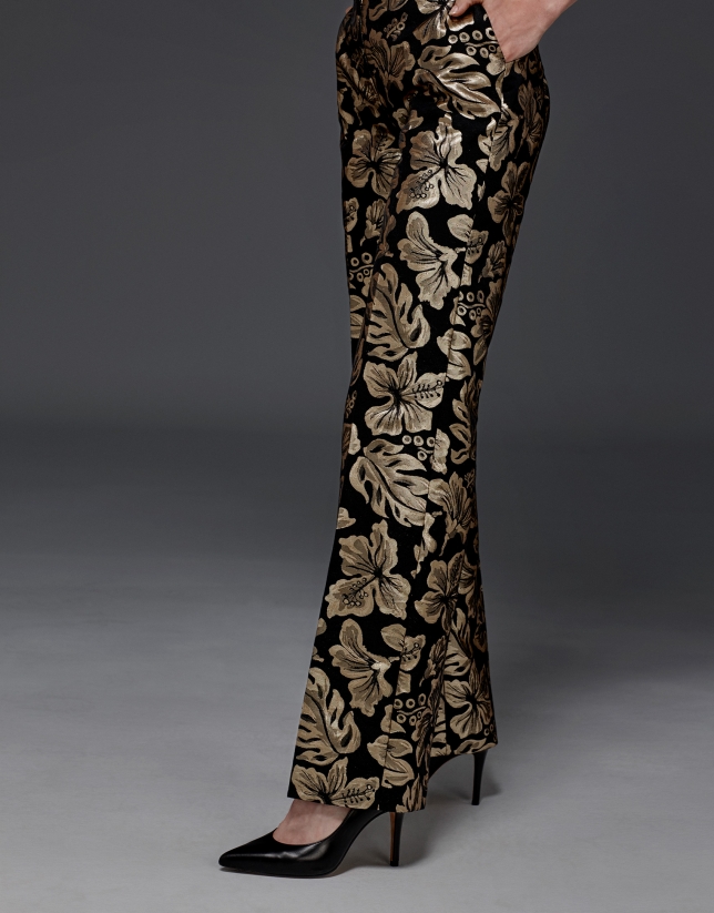 Gold floral jacquard straight pants