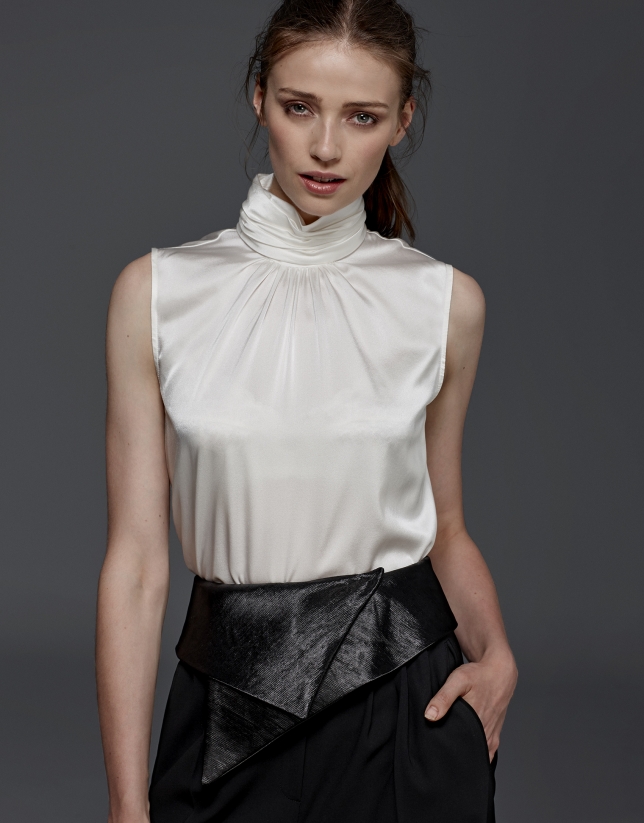 Ivory silk top with high draped collar