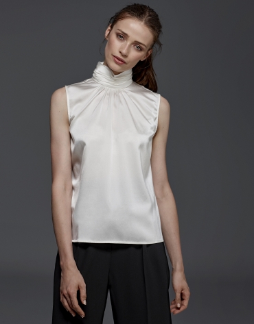 Ivory silk top with high draped collar