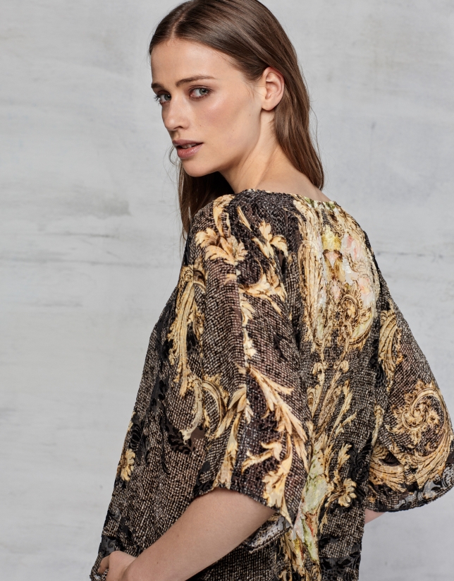 Copper and gold print devoré loose blouse with bat sleeves