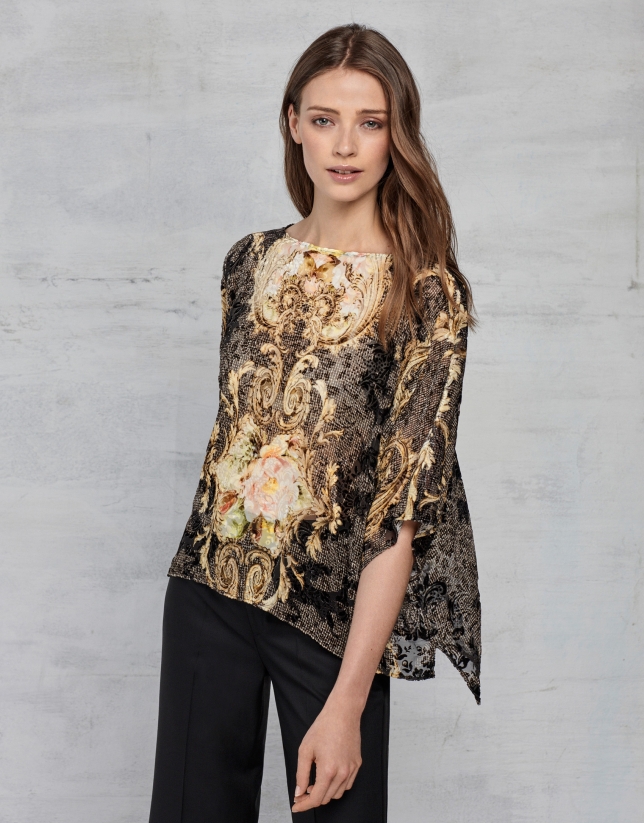 Copper and gold print devoré loose blouse with bat sleeves