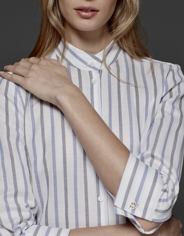 Gray and blue striped blouse with Mao collar