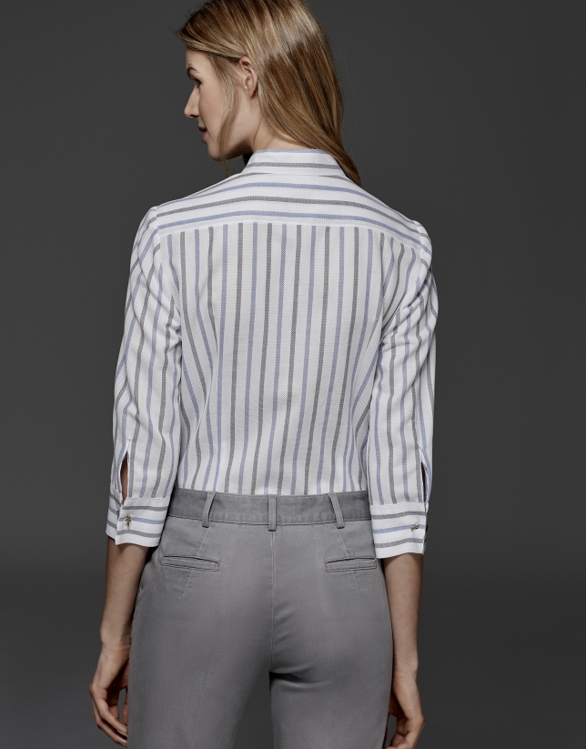 Gray and blue striped blouse with Mao collar