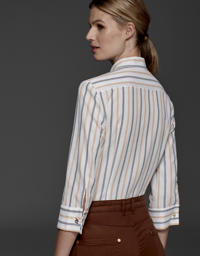 Gray and orange striped blouse with Mao collar