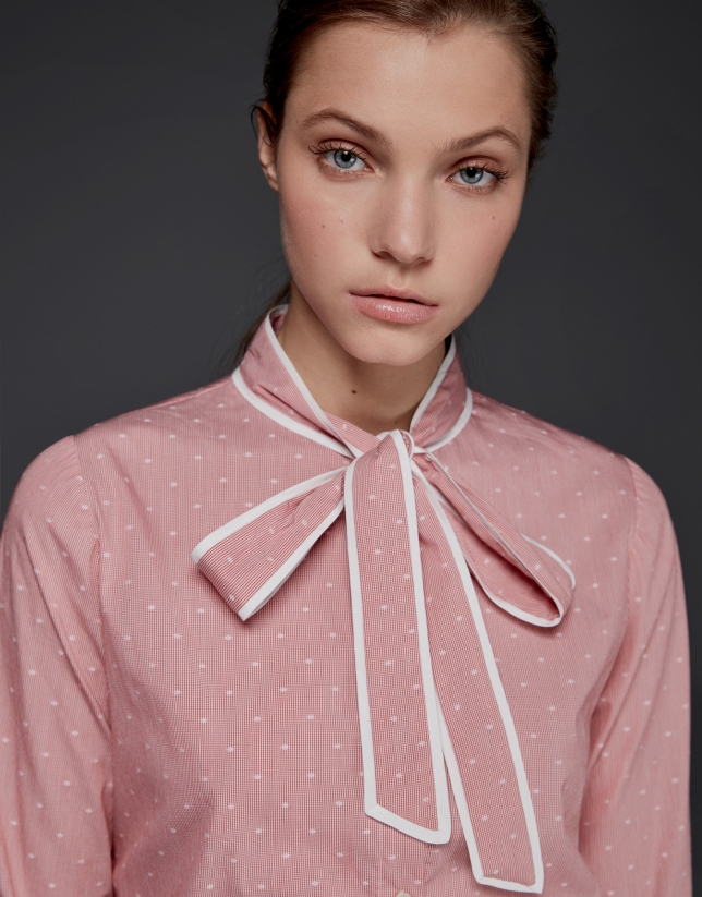 Coral Vichy shirt with bow collar