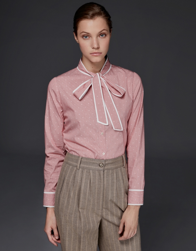 Coral Vichy shirt with bow collar