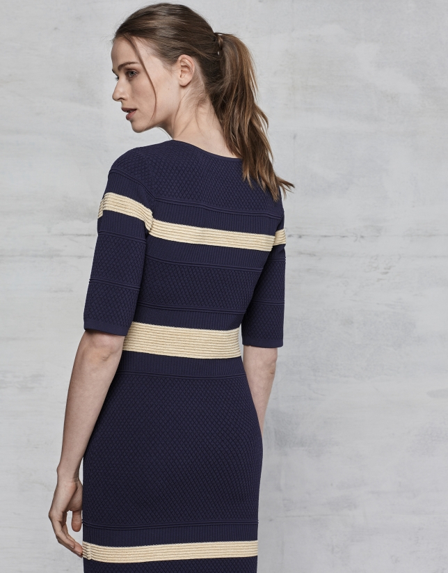Navy blue and gold striped knit dress