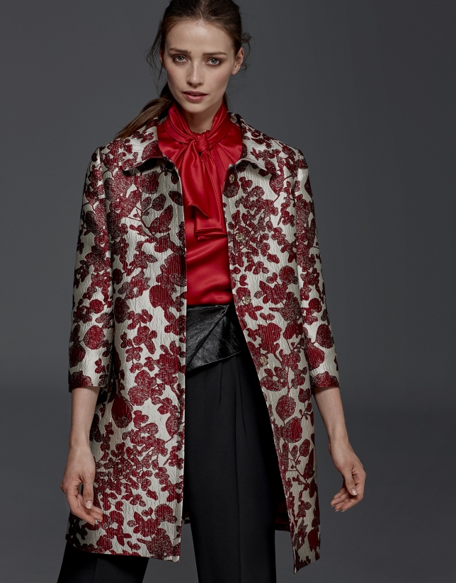 Maroon floral print jacquard coat