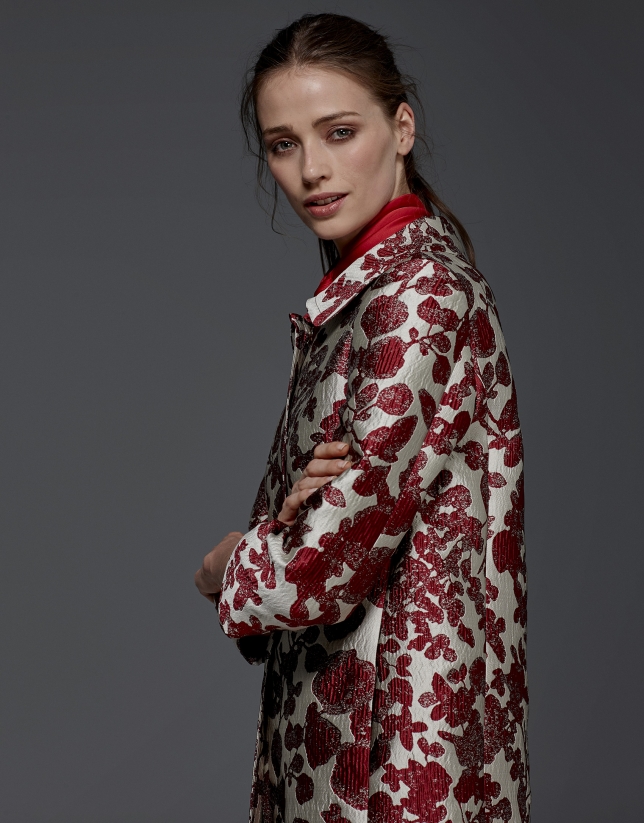 Maroon floral print jacquard coat