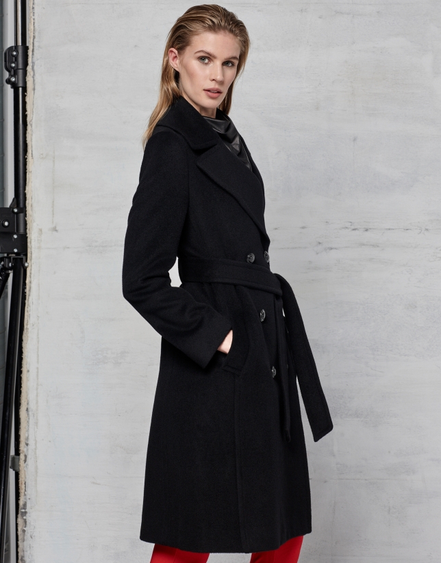 Black wool and angora double-breasted coat with belt