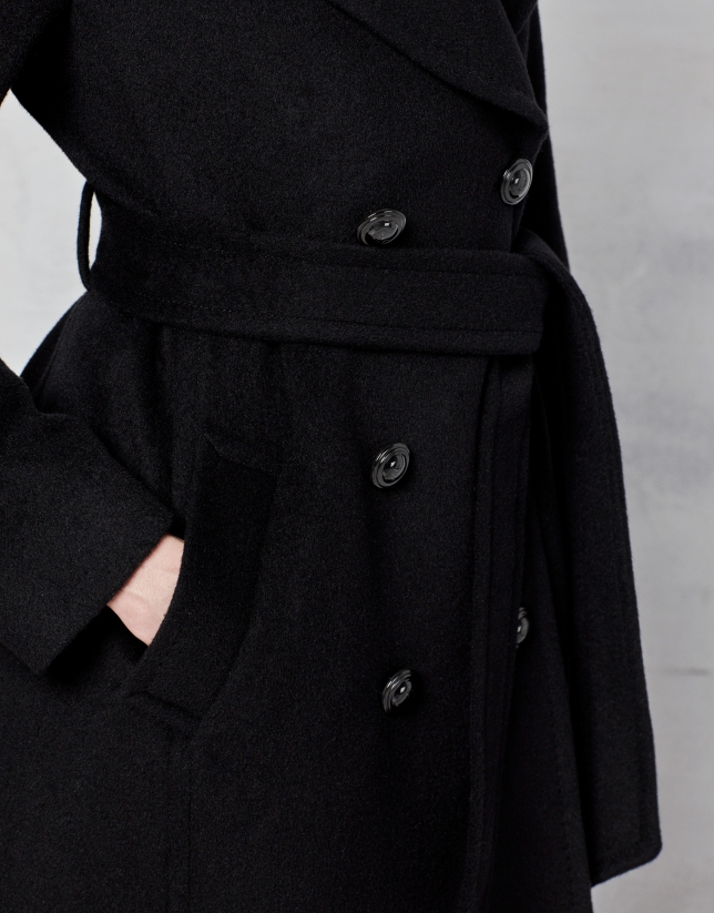 Black wool and angora double-breasted coat with belt