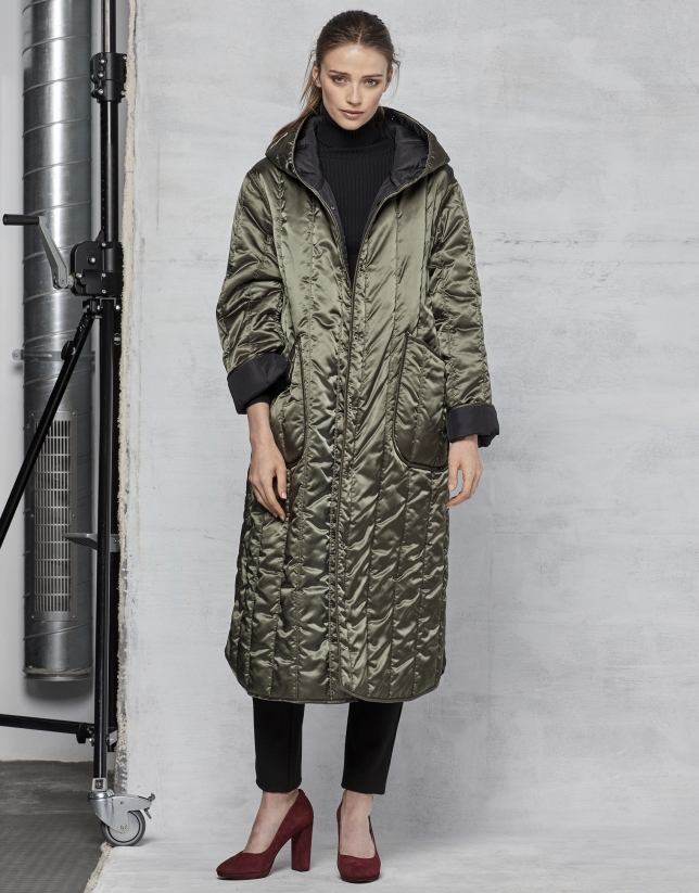 Reversible black/green quilted long coat