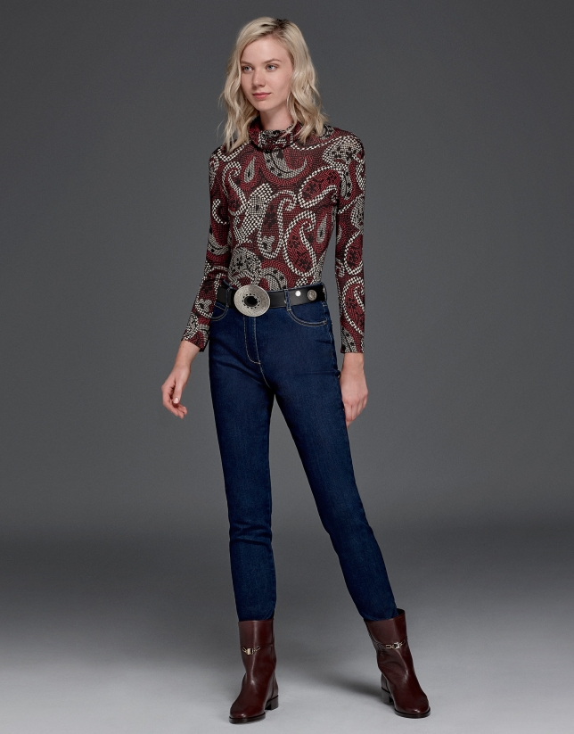 Maroon print turtle neck shirt with cowl neck 