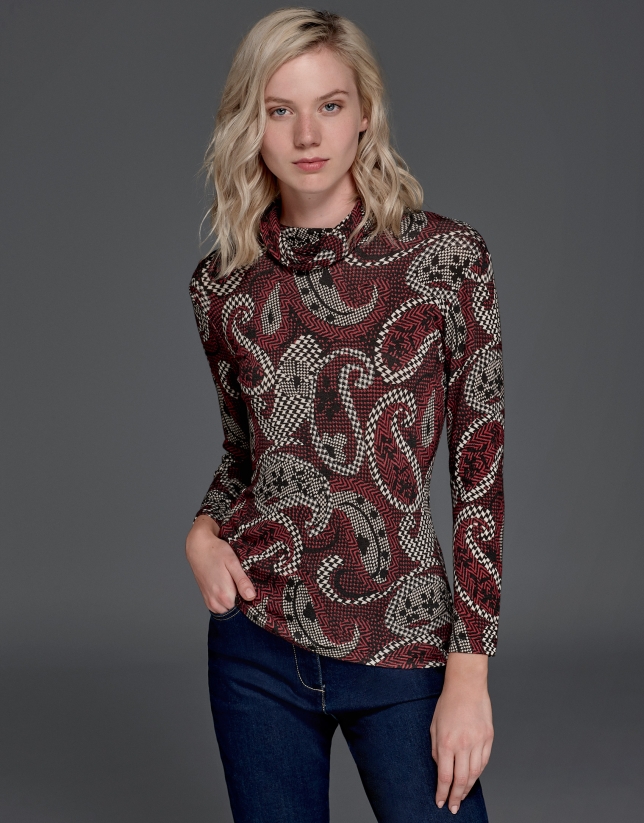 Maroon print turtle neck shirt with cowl neck 