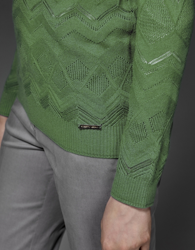 Green diamond print openwork knit top