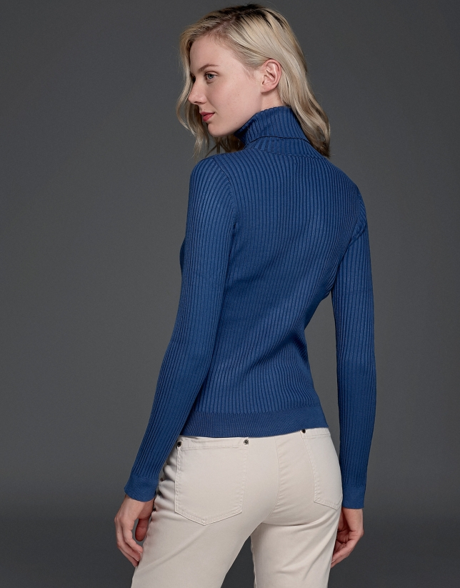 Blue ribbed turtle knit sweater