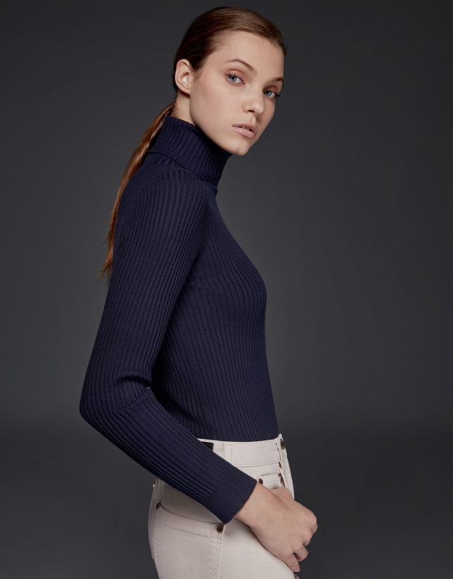 Navy blue ribbed turtle knit sweater