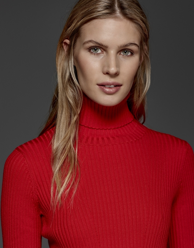 Red ribbed turtle knit sweater