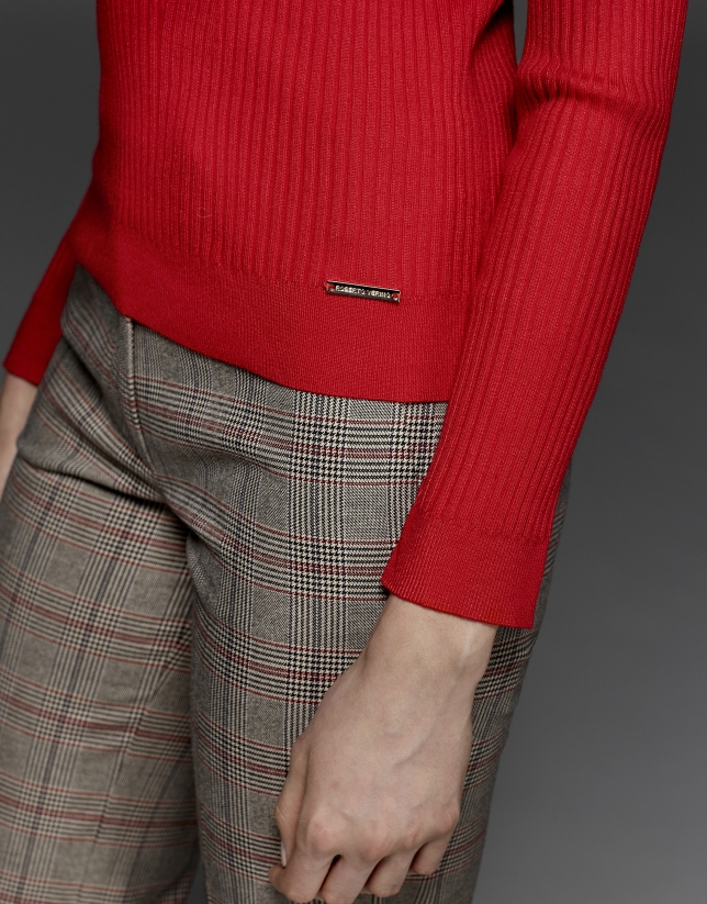 Red ribbed turtle knit sweater