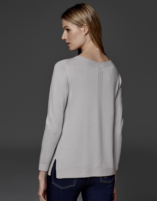 Silver gray merino wool sweater with V neck