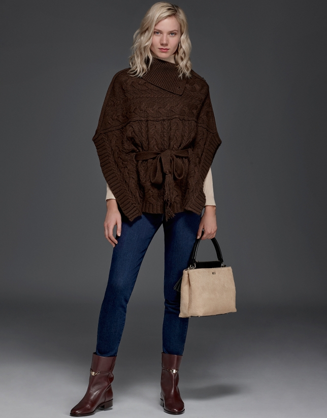 Brown, button down, knit poncho with stovepipe collar
