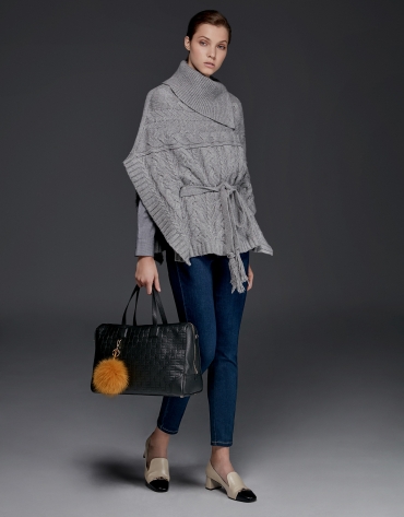 Silver gray, button down, knit poncho with stovepipe collar