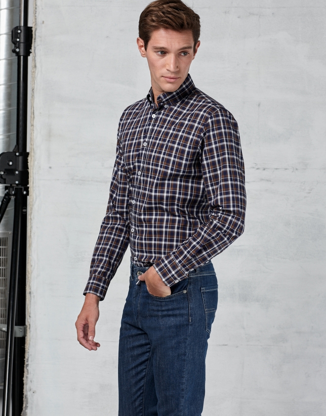 Brown / navy blue / white checked shirt