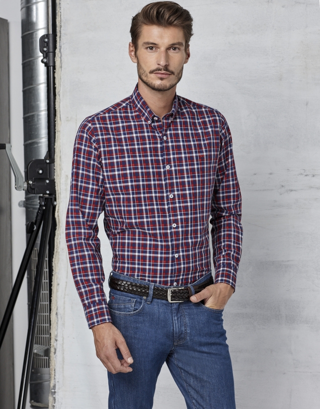 Red / navy blue / white checked sport shirt