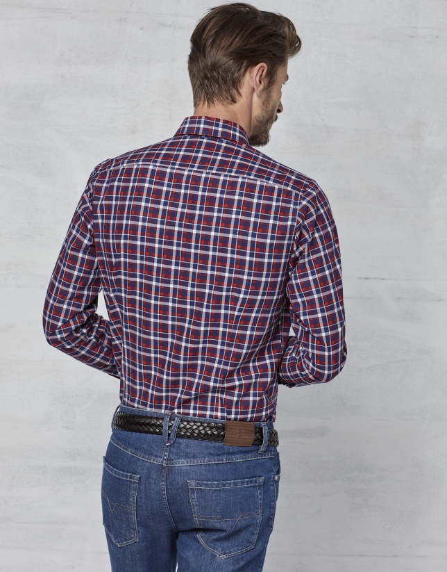 Red / navy blue / white checked sport shirt
