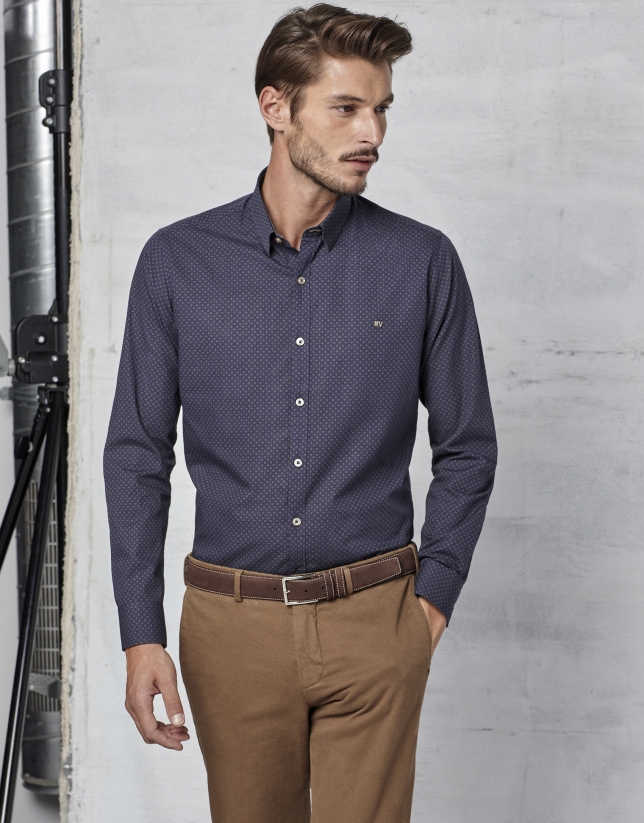 Navy blue shirt with brown paisley
