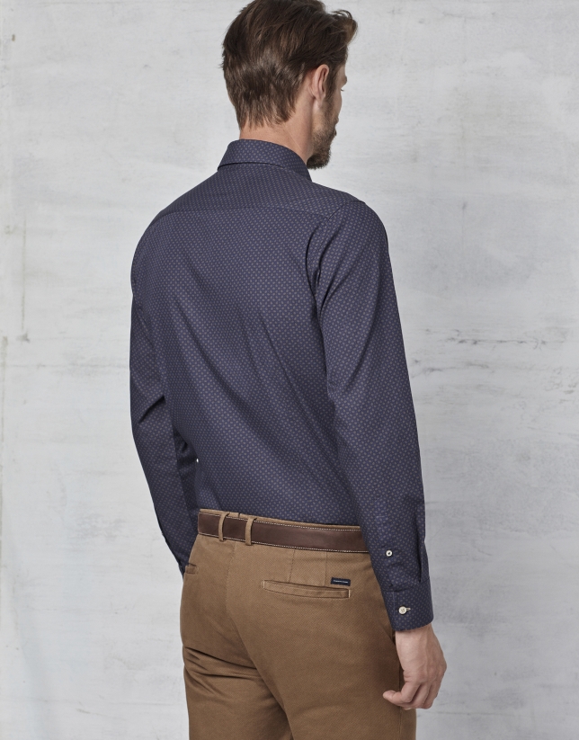 Navy blue shirt with brown paisley