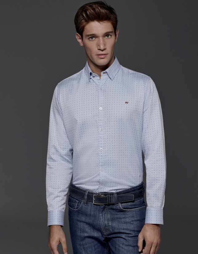 Light blue shirt with red dots