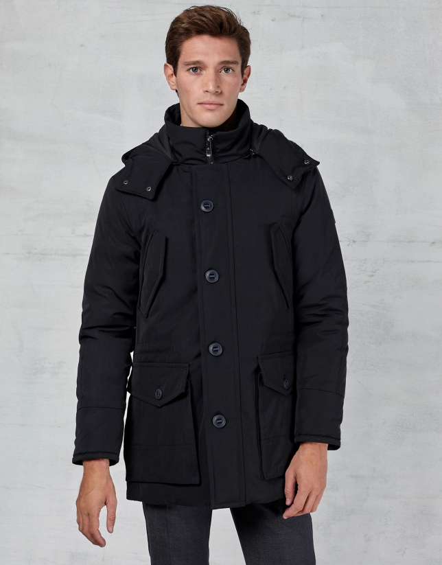 Navy blue parka with hood and fur