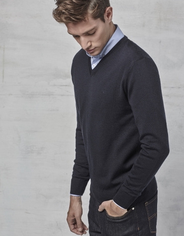 Navy blue wool sweater with V neck