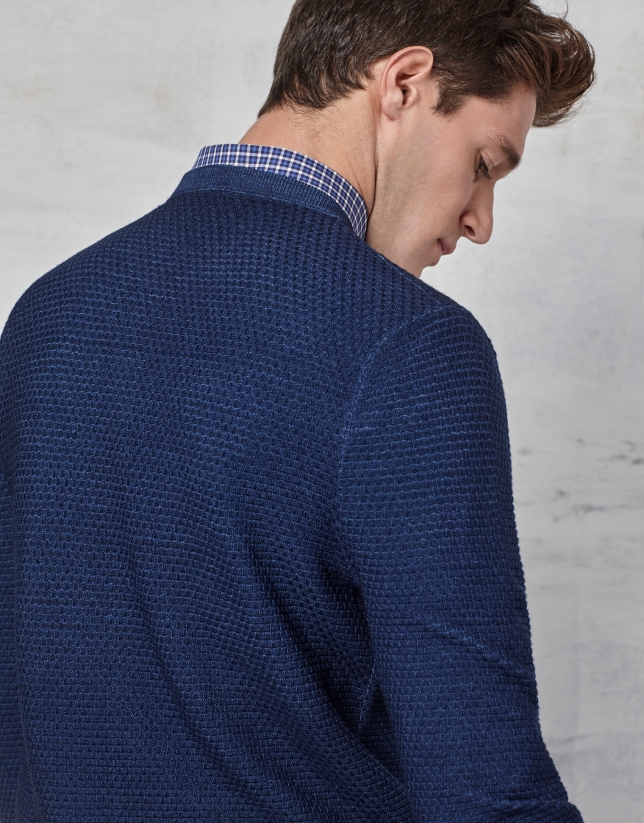 Blue woven sweater with square collar