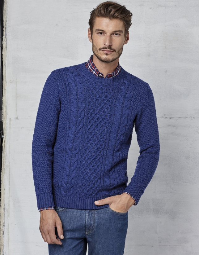 Blue braided and cable-stitched sweater