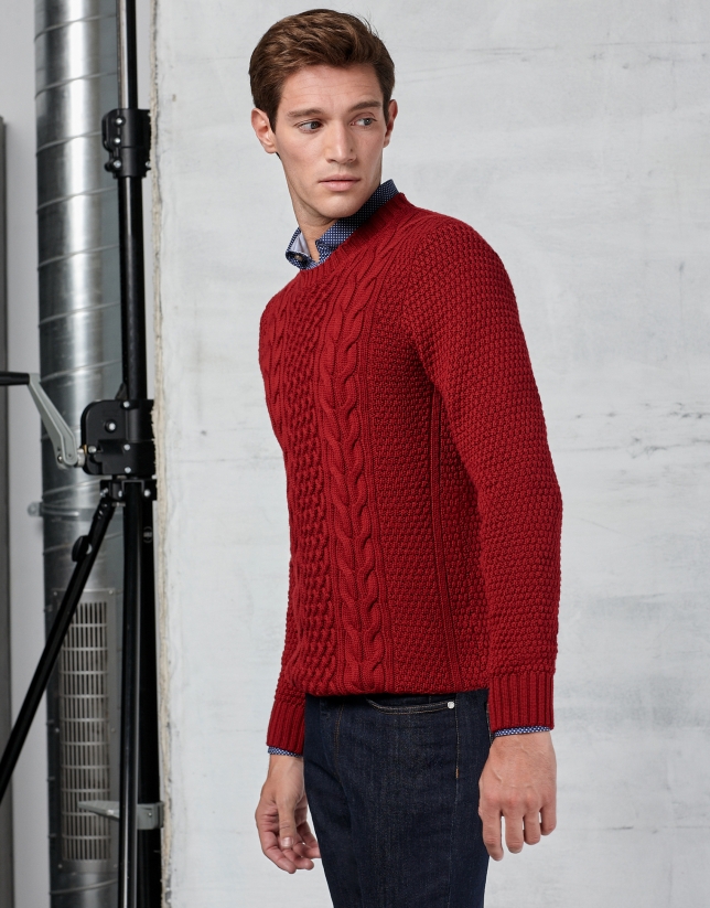 Red braided and cable-stitched sweater