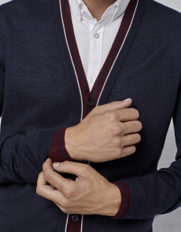 Navy blue cardigan with maroon and ivory contrasts