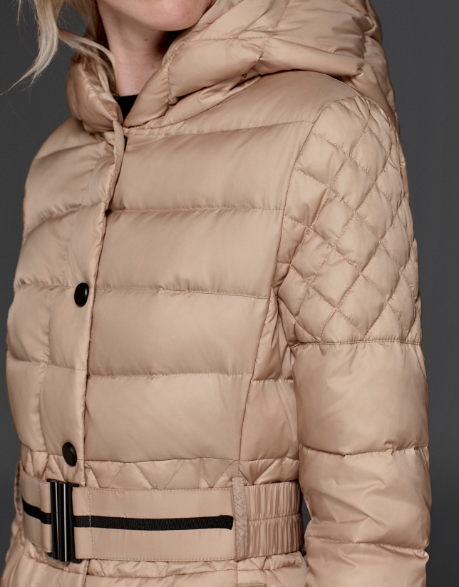 Long, beige, hooded ski jacket