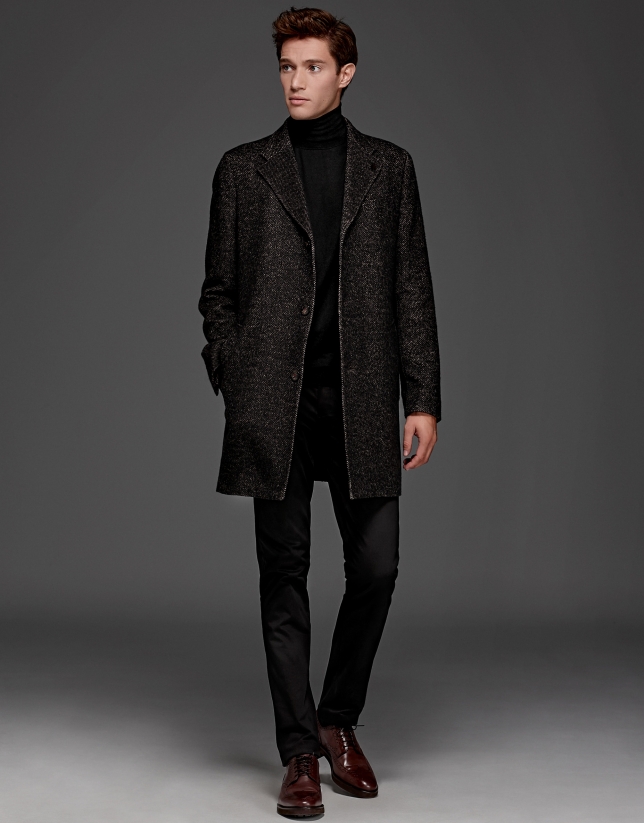 Black and tan wool coat with classic, straight cut