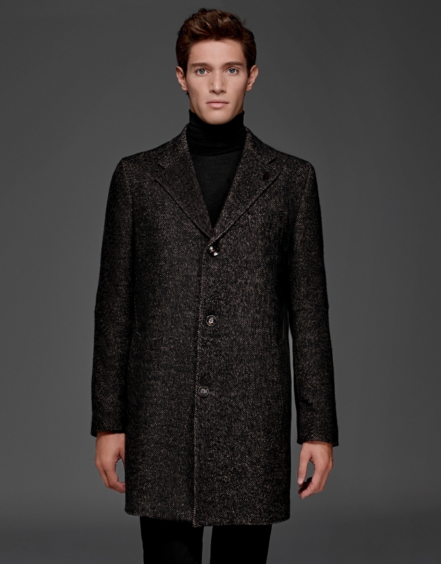 Abrigo clásico recto en lana tostado y negro