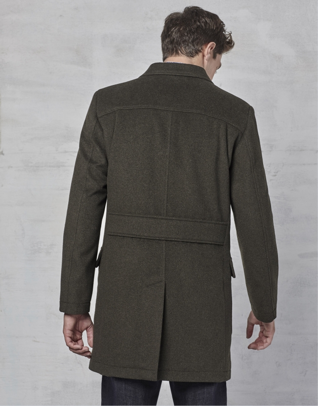 Khaki coat with yoke and removable hood