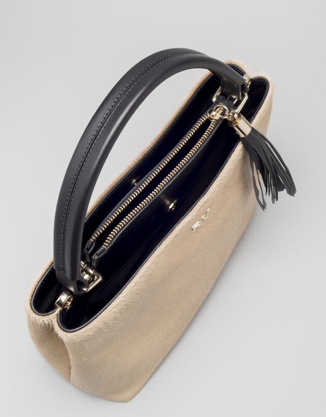 Beige and black Keops mini leather and fur tote bag