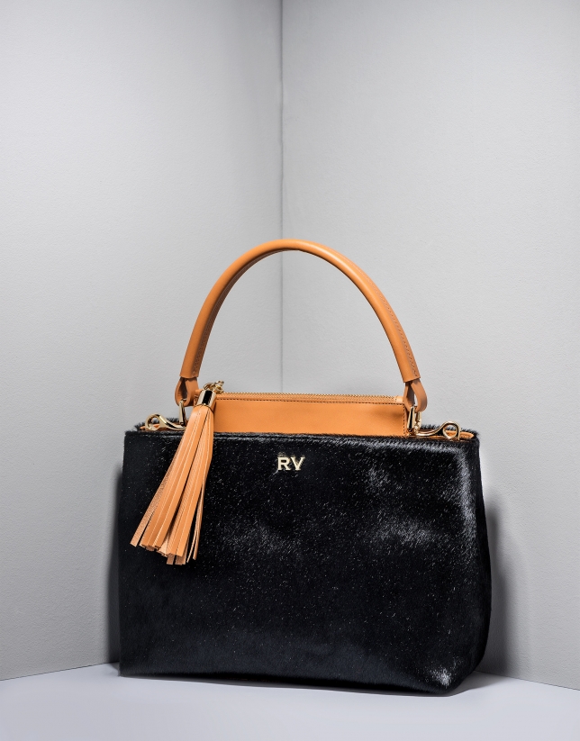 Black and camel Keops mini leather and fur tote bag
