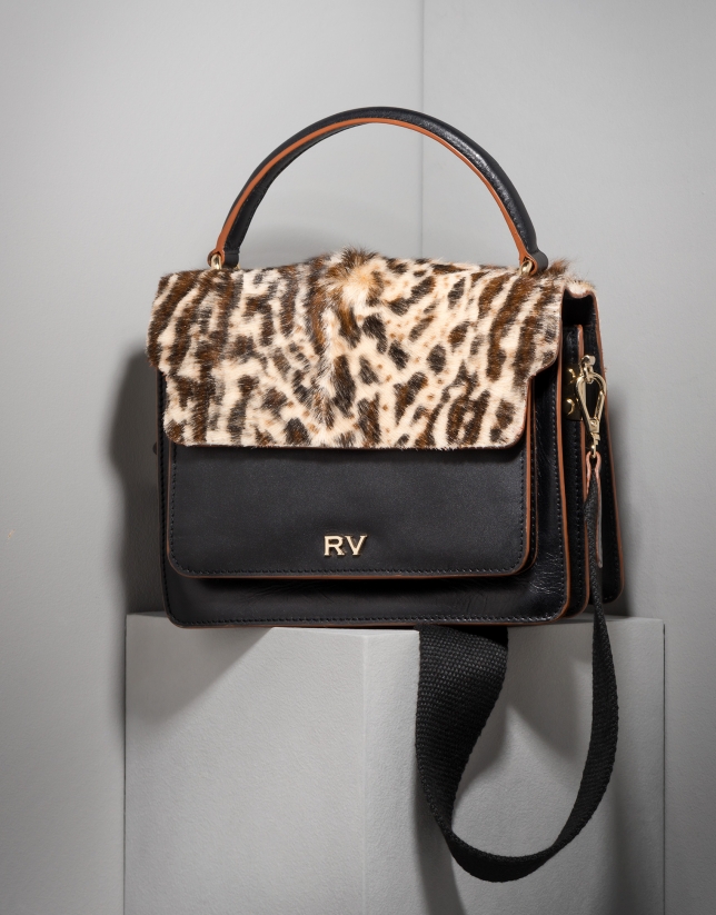 Black leather Naomi handbag with animal print flap