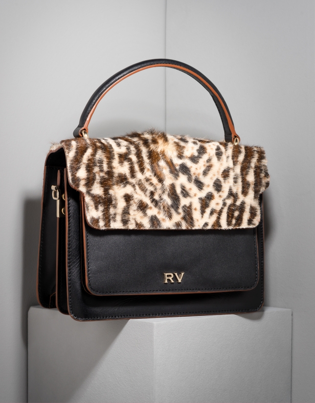 Black leather Naomi handbag with animal print flap