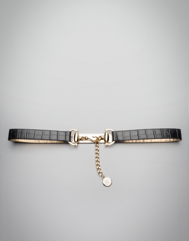 Black alligator leather belt with metallic closure