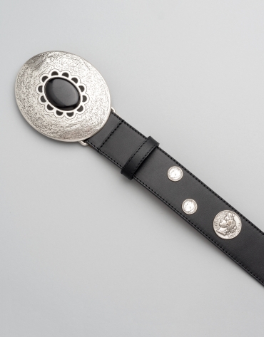 Black leather belt with coin adornments