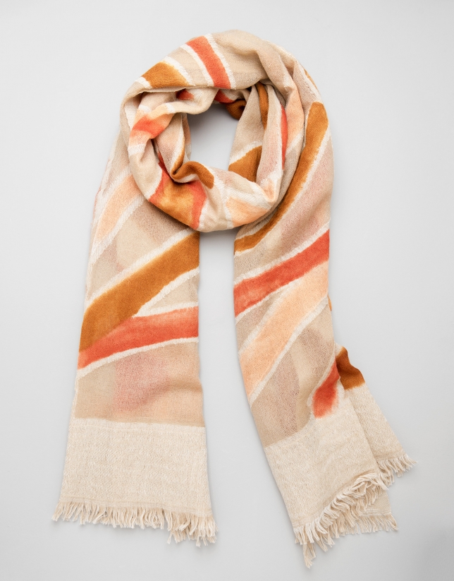 Sand-colored geometric print wool scarf