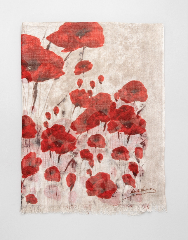 Red floral wool and silk scarf